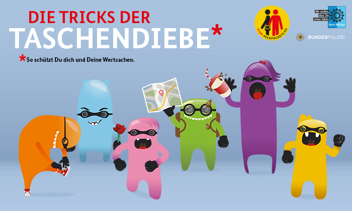 Sechs bunte Monster zeigen Tricks der Taschendiebe