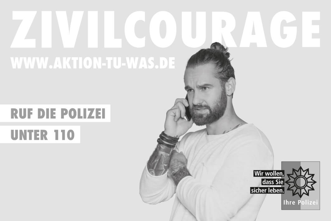 Fülleranzeige: Zivilcourage - Ruf die Polizei unter 110, sw 90x60mm